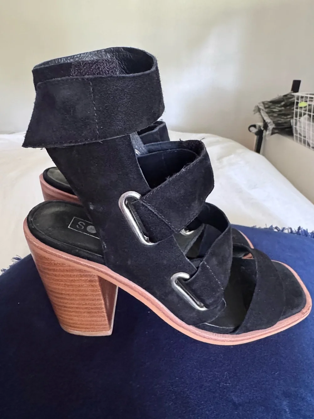 Sol Sana Black Suede Strappy Block Heel Sandals 7.5